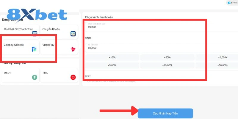 Chọn loại ví điện tử phù hợp để tiến hành nạp tiền vào tài khoản 8XBET